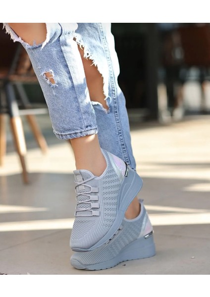 Kadın Bağcıklı Triko Dolgu Topuklu Sneaker-Füme fiyatları