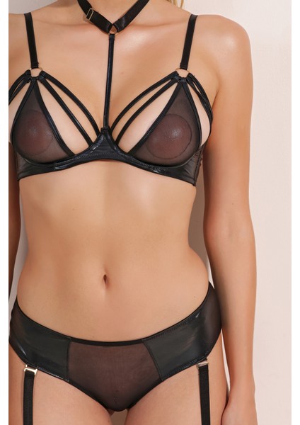 Siyah Çıkartılabilir Jartiyerli Külot Dekolteli Fileli Sütyen Takım MEAW24JT0001 modelleri