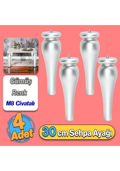 Sembol Plastik Sehpa Ayağı 30 cm Gümüş Gri 4 Adet Mobilya Çay Orta Sehpası M8 Civatalı Ayak Ayaklar