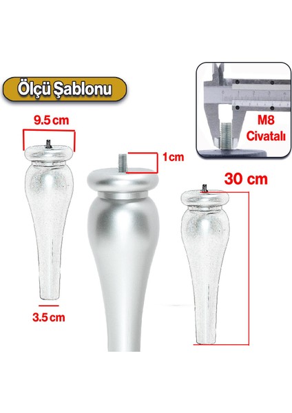Sembol Plastik Sehpa Ayağı 30 cm Gümüş Gri 4 Adet Mobilya Çay Orta Sehpası M8 Civatalı Ayak Ayaklar