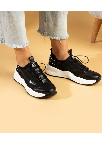 Kadın Bağcıklı Spor Sneaker-Siyah-Beyaz