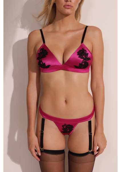 Çıkartılabilir Jartiyerli Saten Kumaş Dantel Aplikeli Sütyen Takım MEAW24JT0012 fırsatları