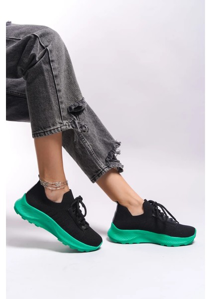 Bağcıklı Unisex Triko Spor Ayakkabı-Siyah-Yeşil