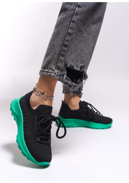 Bağcıklı Unisex Triko Spor Ayakkabı-Siyah-Yeşil fırsatları