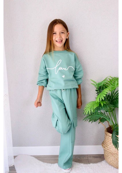 Love Baskılı Kargo Cepli Kız Çocuk 2 li takım - Çağla Yeşil