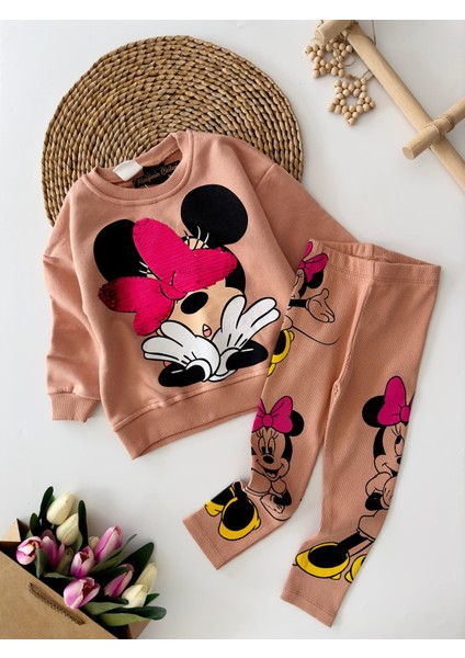 Payet Detaylı Mnn Baskılı Taytlı Kız çocuk takım - Pudra