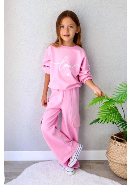 Love Baskılı Kargo Cepli Kız Çocuk 2 li takım - Pembe