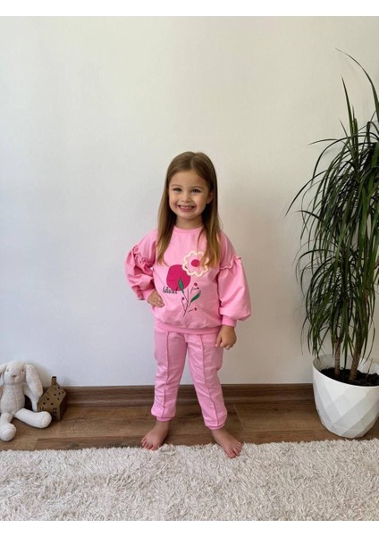 Naturel Çiçek Detaylı Balon Kol Kız Çocuk 2 li takım - Pembe