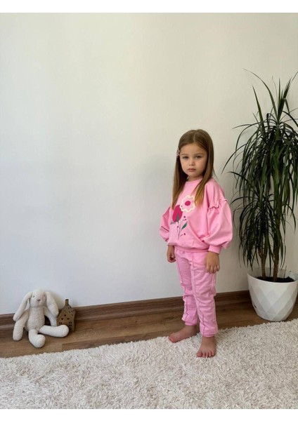 Naturel Çiçek Detaylı Balon Kol Kız Çocuk 2 li takım - Pembe fiyatları