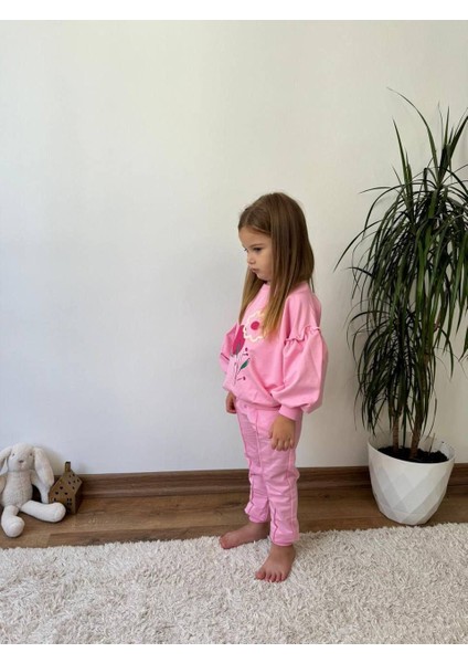 Naturel Çiçek Detaylı Balon Kol Kız Çocuk 2 li takım - Pembe modelleri