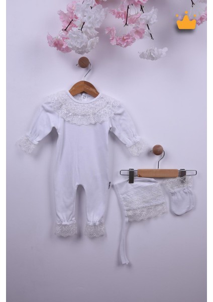 Babyhola %100 Pamuk Kız Bebek Şapkalı Eldivenli Güpürlü Bayramlık Şık Tulum 3658