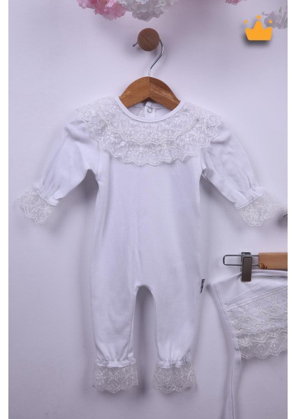 Babyhola %100 Pamuk Kız Bebek Şapkalı Eldivenli Güpürlü Bayramlık Şık Tulum 3658