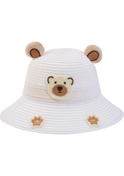 Arıcı Store Patili Ayıcık Modelli Beyaz Renk 1-4 Yaş Bebek Hasır Şapka