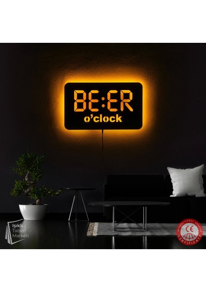 Tablo Marketi Beer Clock Yazılı Tablo, Işıklı Duvar Dekor Ahşap, Neon Işık, Ledli Işıklı Tablo, Duvar Süsü