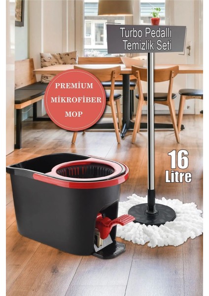 16 Lt Premium Turbo Pedallı Mop Temizlik Seti - Mikrofiber Mop 360° Döner Başlıklı Kova Paspas