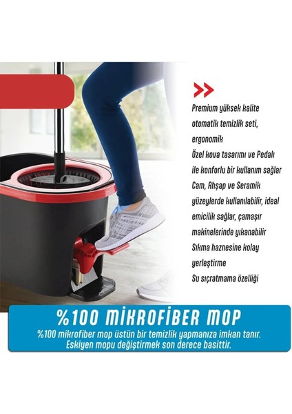 16 Lt Premium Turbo Pedallı Mop Temizlik Seti - Mikrofiber Mop 360° Döner Başlıklı Kova Paspas