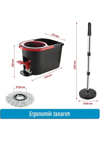 16 Lt Premium Turbo Pedallı Mop Temizlik Seti - Mikrofiber Mop 360° Döner Başlıklı Kova Paspas