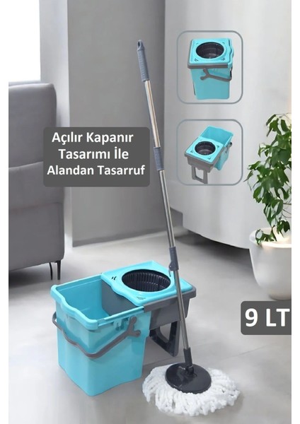 9 Lt Açılır Kapanır Pratik Temizlik Seti - 360° Döner Başlıklı Yer Tasarruflu Katlanır Mop Paspas