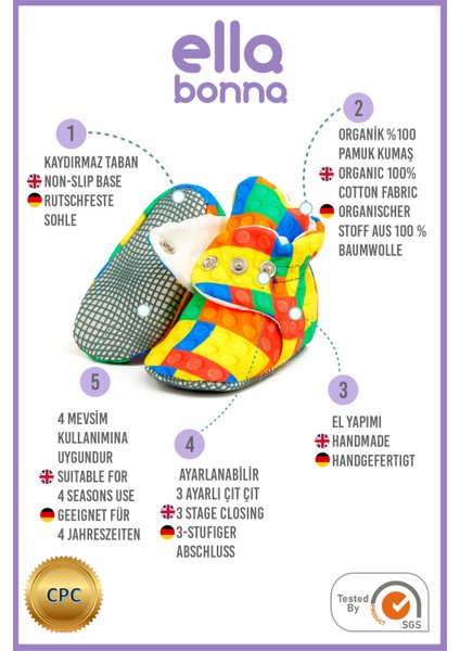 Organik Pamuk Bebek Pandufu, Kaydırmaz Taban, Yenidoğan Patiği, Ev Kreş Ayakkabısı, Lego modelleri