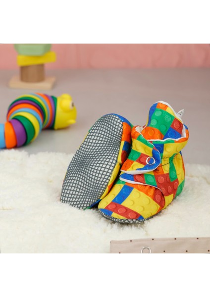 Organik Pamuk Bebek Pandufu, Kaydırmaz Taban, Yenidoğan Patiği, Ev Kreş Ayakkabısı, Lego