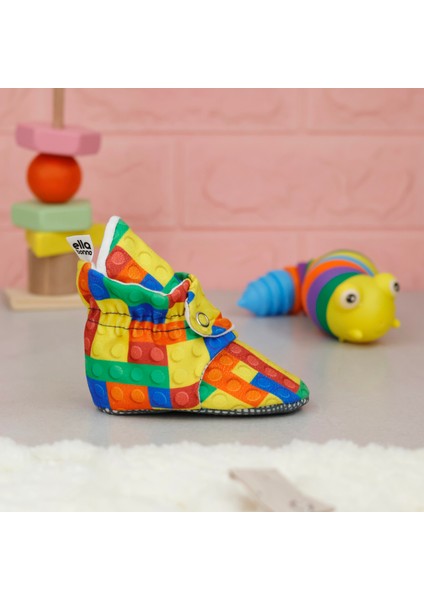 Organik Pamuk Bebek Pandufu, Kaydırmaz Taban, Yenidoğan Patiği, Ev Kreş Ayakkabısı, Lego