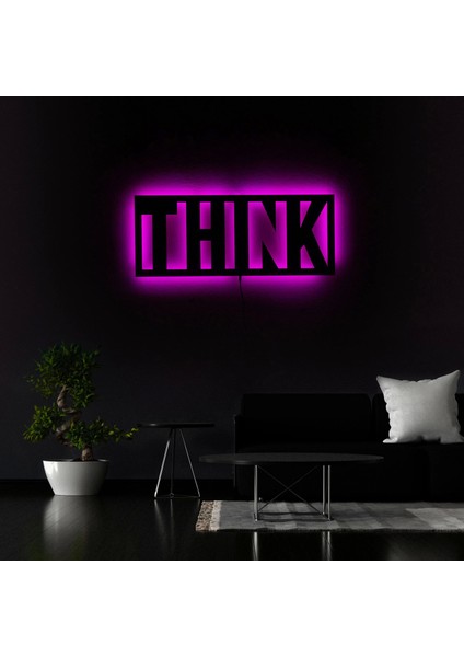 The Eba Design Tablo Marketi Think Yazılı Tablo, Işıklı Duvar Dekor Ahşap, Neon Işık, Ledli Işıklı Tablo, Duvar Süsü