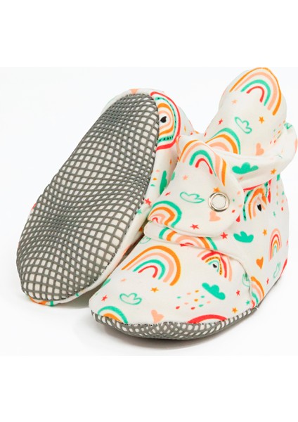 Organik Pamuk Bebek Pandufu, Kaydırmaz Taban, Yenidoğan Patiği, Ev Kreş Ayakkabısı, Gökkuşağı