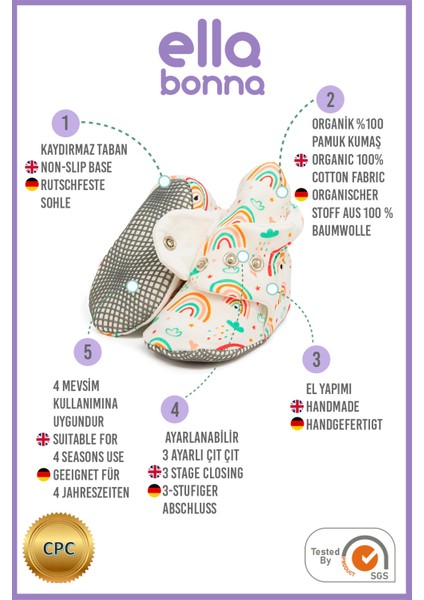 Organik Pamuk Bebek Pandufu, Kaydırmaz Taban, Yenidoğan Patiği, Ev Kreş Ayakkabısı, Gökkuşağı modelleri