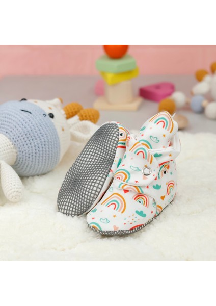 Organik Pamuk Bebek Pandufu, Kaydırmaz Taban, Yenidoğan Patiği, Ev Kreş Ayakkabısı, Gökkuşağı