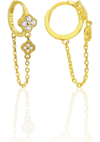 Gümüş Altın Yaldızlı Zirkon Taşlı Zincirli Yonca Modeli Halka Küpe SGTL12579GOLD