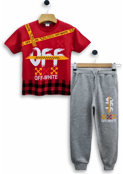 - Erkek Çocuk Ikili Takım Off-White Baskılı Tişört ve Eşofman Altı Takımı 3-11 Yaş