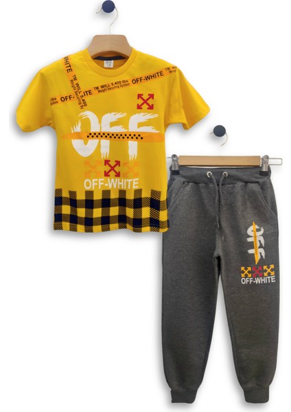 - Erkek Çocuk Ikili Takım Off-White Baskılı Tişört ve Eşofman Altı Takımı 3-11 Yaş