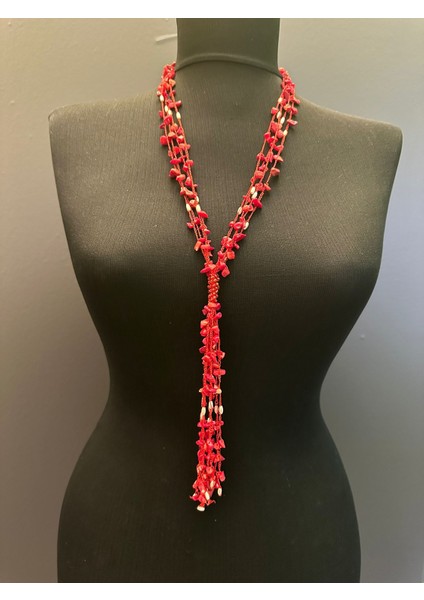 Kırmızı Doğal Taş Püsküllü Kadın Kolye Boy 30 cm