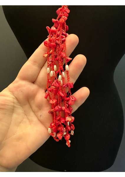 Kırmızı Doğal Taş Püsküllü Kadın Kolye Boy 30 cm fiyatları