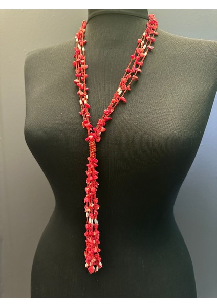 Kırmızı Doğal Taş Püsküllü Kadın Kolye Boy 30 cm modelleri