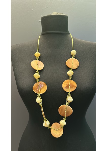 Sedef Boncuklu Taşlı Tasarım Kadın Kolye Boy 42 cm