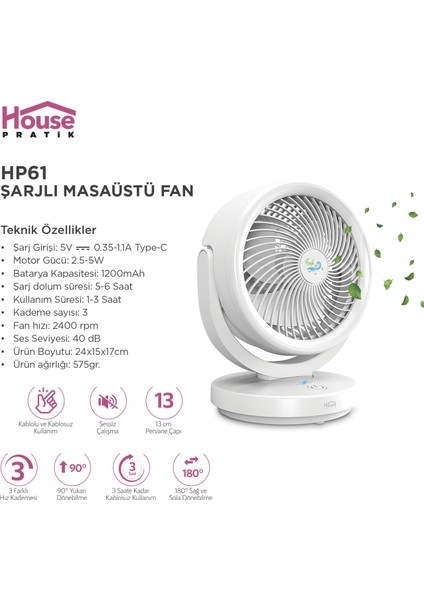 HP61 Şarjlı Masaüstü Fan