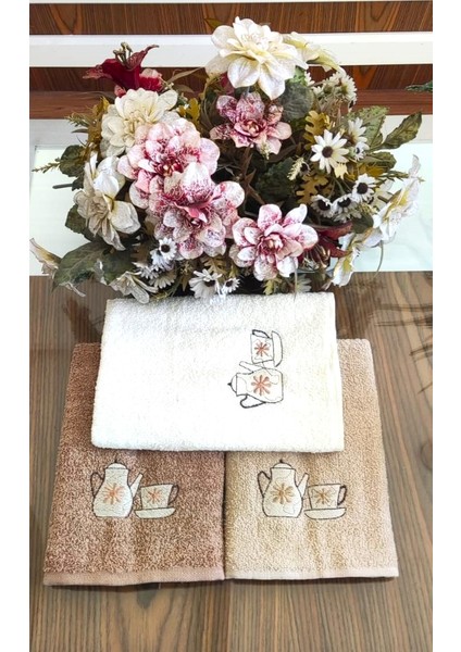 ( 3'lü Set ) Çeyizlik 30X50 Cm. Mutfak Havlu Seti Yeni Trend Çaydanlık Fincan Nakışlı modelleri