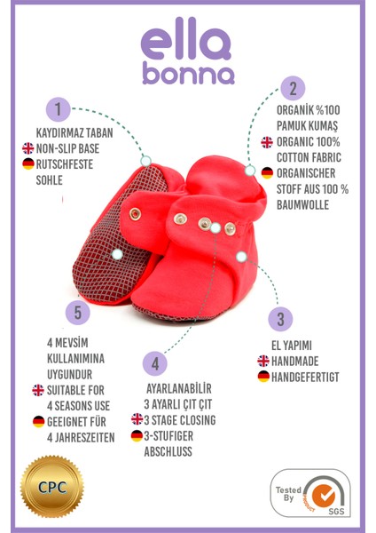 Organik Pamuk Bebek Pandufu, Kaydırmaz Taban, Yenidoğan Patiği, Ev Kreş Ayakkabısı, Nar Çiçeği modelleri