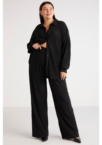 Suena Kadın Krinkle Varak Baskı Beli Lastikli Flare Siyah Büyük Beden Pantolon