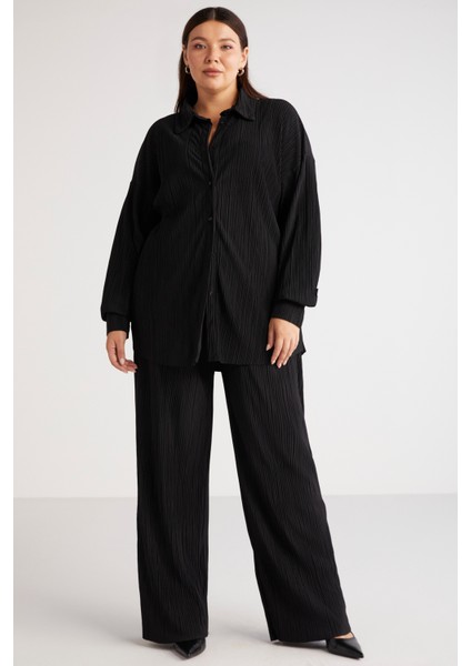 Suena Kadın Krinkle Varak Baskı Beli Lastikli Flare Siyah Büyük Beden Pantolon modelleri