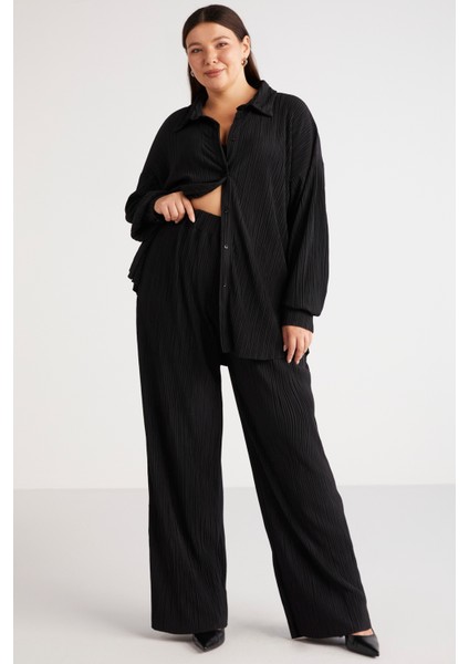 Suena Kadın Krinkle Varak Baskı Beli Lastikli Flare Siyah Büyük Beden Pantolon fırsatları