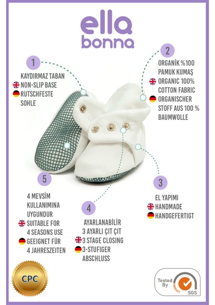 Organik Pamuk Bebek Pandufu, Kaydırmaz Taban, Yenidoğan Patiği, Ev Kreş Ayakkabısı, Beyaz modelleri
