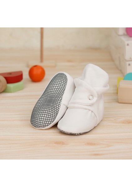 Organik Pamuk Bebek Pandufu, Kaydırmaz Taban, Yenidoğan Patiği, Ev Kreş Ayakkabısı, Beyaz