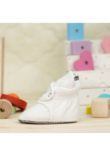 Organik Pamuk Bebek Pandufu, Kaydırmaz Taban, Yenidoğan Patiği, Ev Kreş Ayakkabısı, Beyaz