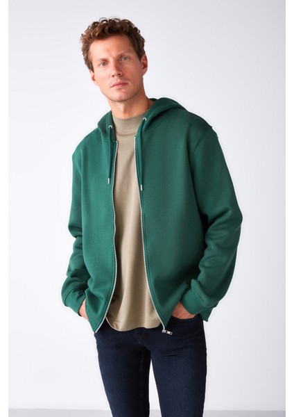 Gerry Erkek Fermuarlı Yan Cepli Kapüşonlu Kordonlu Yeşil Sweatshirt