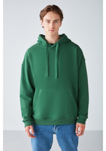 Steve Erkek Yumusaçık Kumaşlı Kapüşonlu Kordonlu Oversize Fit Yeşil Sweatshirt