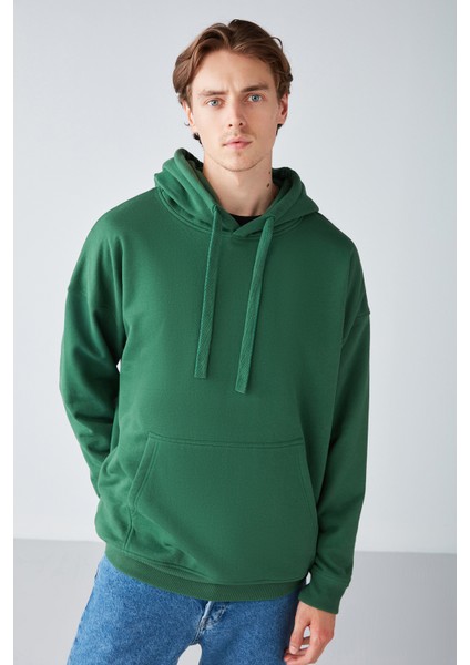 Steve Erkek Yumusaçık Kumaşlı Kapüşonlu Kordonlu Oversize Fit Yeşil Sweatshirt