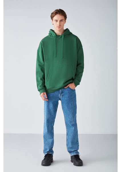 Steve Erkek Yumusaçık Kumaşlı Kapüşonlu Kordonlu Oversize Fit Yeşil Sweatshirt