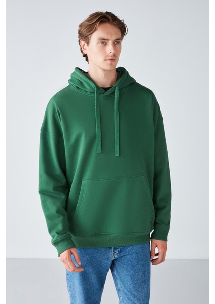 Steve Erkek Yumusaçık Kumaşlı Kapüşonlu Kordonlu Oversize Fit Yeşil Sweatshirt